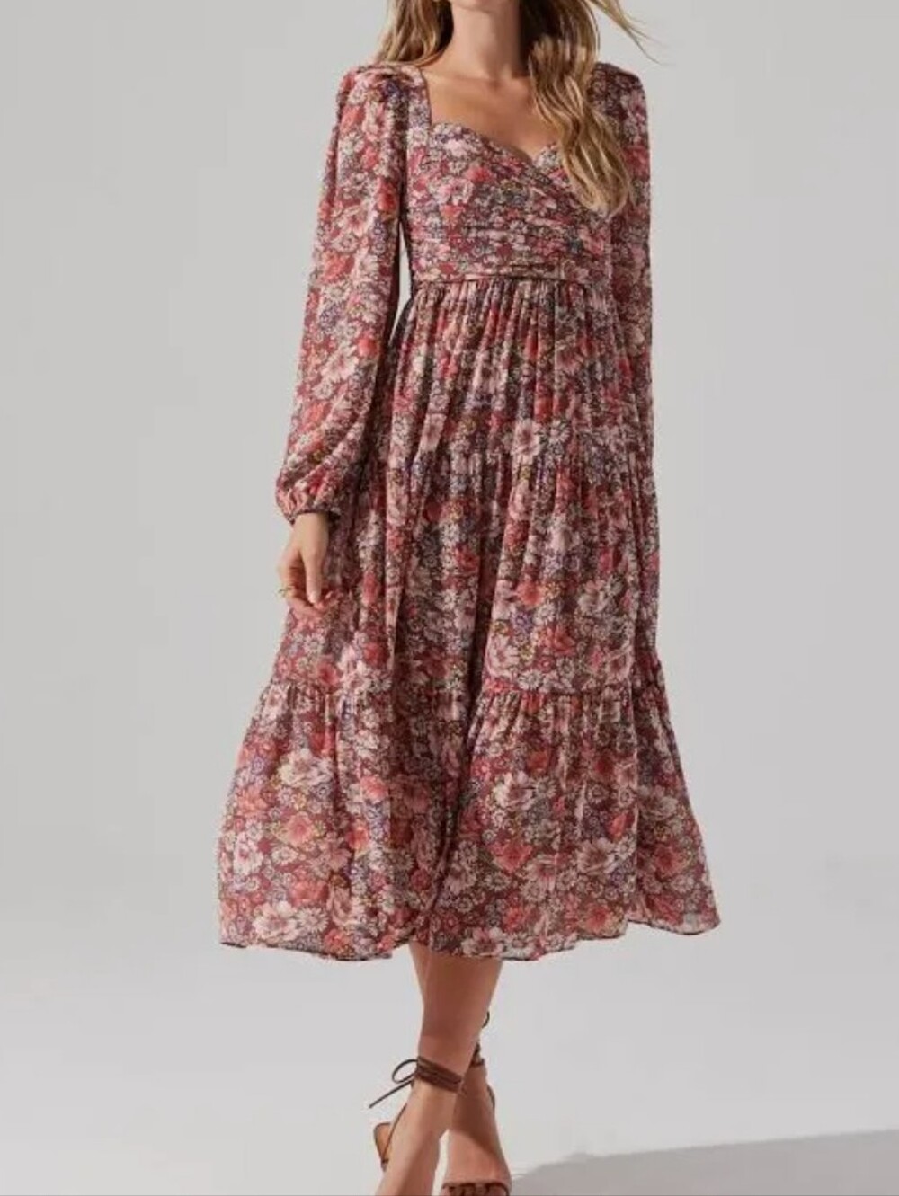 Astr The Label Size Large Floral Tiered Midi Dress in Rust Multi Floral Sleeves